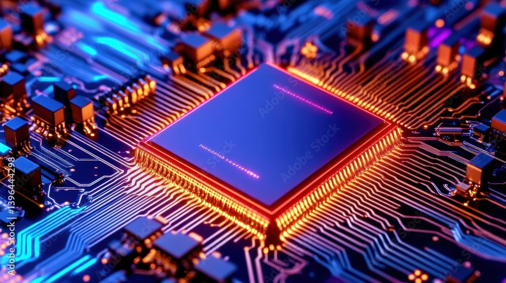 Poster close-up view of a vibrant microchip on a circuit board with glowing connections and intricate detai