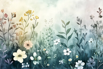 A delicate floral display of pastel blossoms and muted greens.