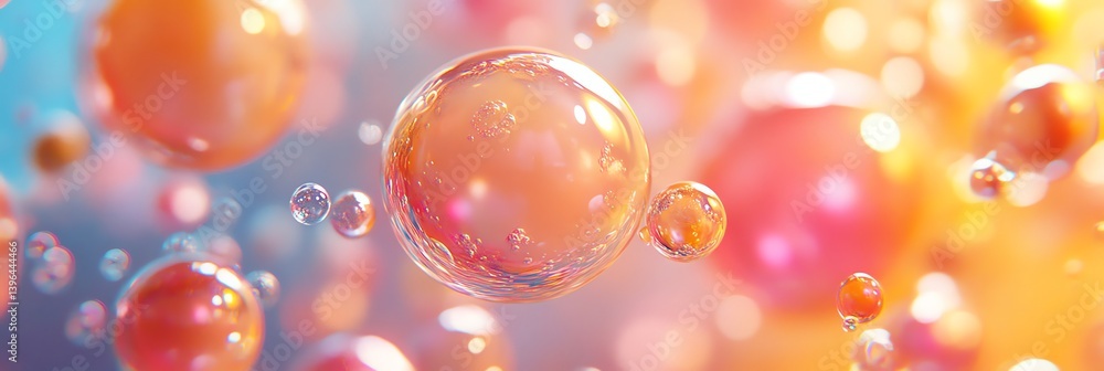 Poster floating spheres in abstract composition with colorful orange and blue background