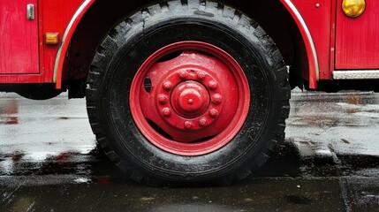 Red fire engine wheel with thick black tread on rain-slick sidewalk reflecting vibrant vehicle colors