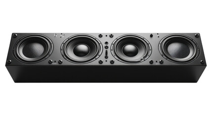 Obraz premium Stack of audio music speakers isolated on transparent white background, modern sound equipment with subwoofers and woofers, used for concerts, parties, events, and professional audio setups