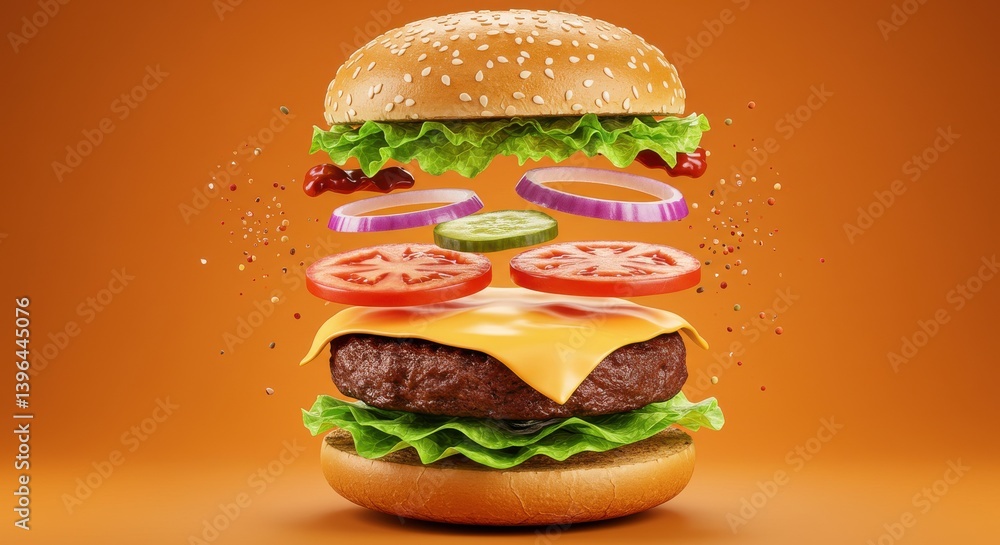 Poster exploded view of a burger with floating ingredients on an orange colored plain background