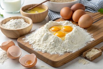 Cake and bread recipes. A pile of white wheat flour, with eggs, egg whites and yolks in the center of the dough - generated by ai