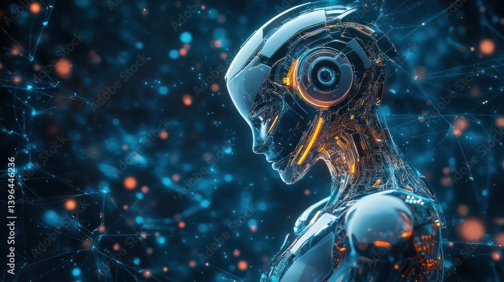 Poster futuristic humanoid robot illuminated within a network of abstract connections