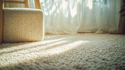 Soft warm carpet texture with rectangular container box casting soft shadow in sunlight-drenched interior