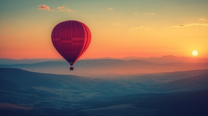 Fototapeta premium Hot air balloon soars over misty mountains at sunrise, idyllic, peaceful