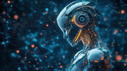 Futuristic humanoid robot illuminated within a network of abstract connections