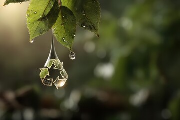 Crystal Clear Water Droplet Hanging from Leaf with Environmental Symbol on a Sunny Day