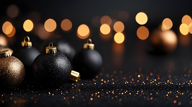 Dark Glittery Christmas Ornaments with Glittery Background Bokeh