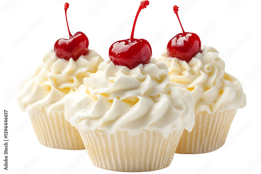 Poster three cupcakes with white frosting and cherries on top arranged in a row on a black background
