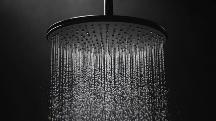 Stream of droplets descending in perfect lines from a black rainfall shower head in silence