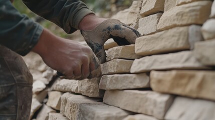 A mason placing stones for a garden wall. Featuring craftsmanship and technique