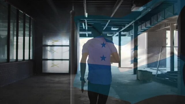 Silhouette of person holding gun over flag-themed animation in abandoned building