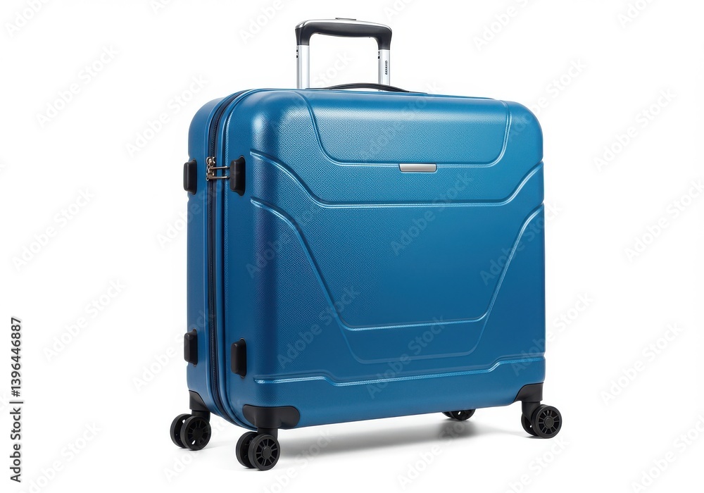 Poster a close up shot of a blue suitcase with wheels and a handle on a white background studio setting