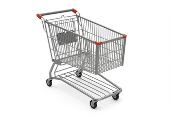 A silver metal shopping cart with orange accents on a plain white background in a studio shot