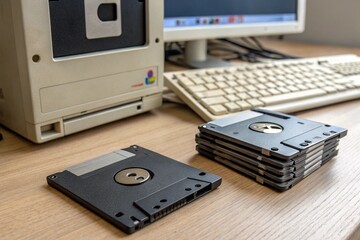 Floppy disk, old 3.5 inch disk for computers. Micro computer, old computer disk. Stack of old floppy disks - generated by ai