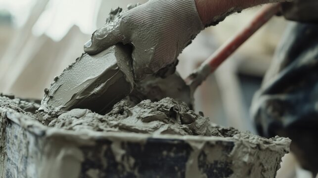 A mason preparing mortar for bricklaying. Featuring craftsmanship and care