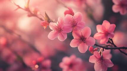 Gentle Spring Breeze: A symphony of pink blossoms bathed in golden sunlight, capturing the delicate beauty of nature's awakening.