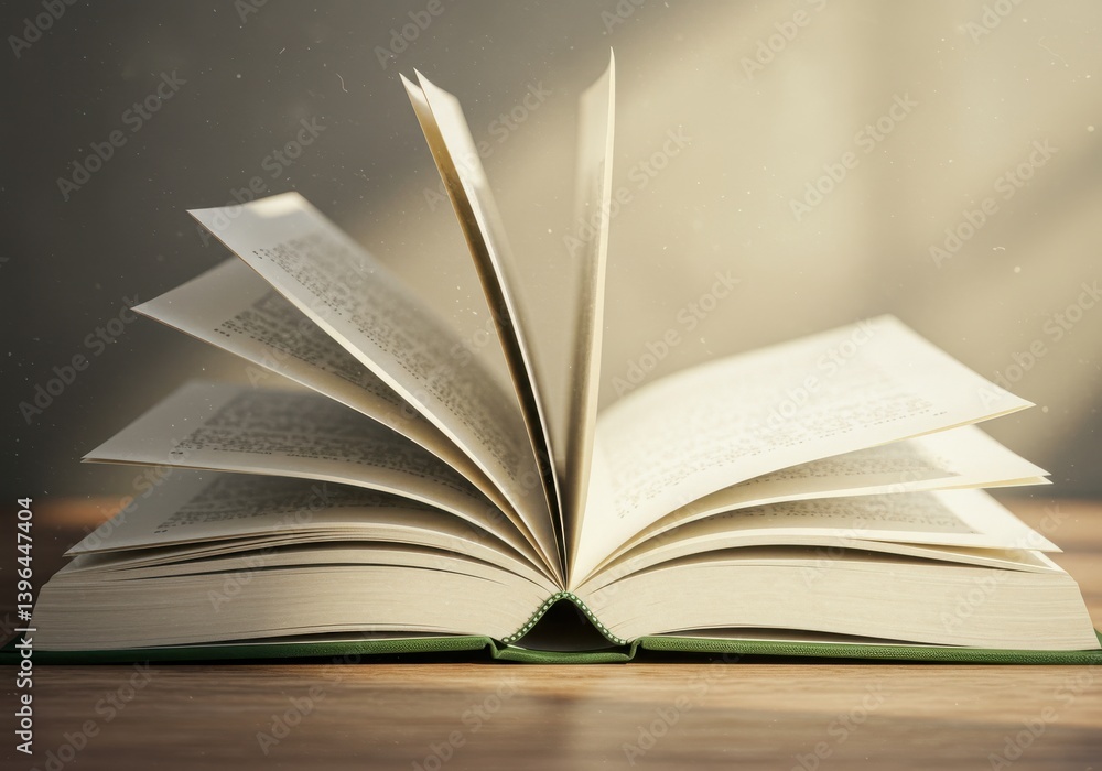 Poster an open book with pages turning in the air on a wooden surface in a softly lit environment indoors