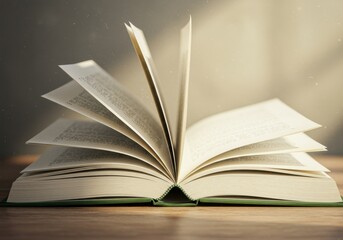Fototapeta premium An open book with pages turning in the air on a wooden surface in a softly lit environment indoors