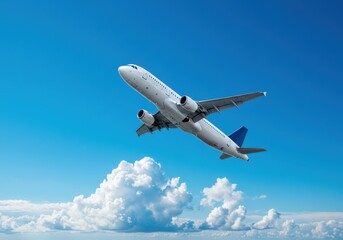 Fototapeta premium White airplane flying in a bright blue sky with fluffy white clouds on a sunny day in the atmosphere