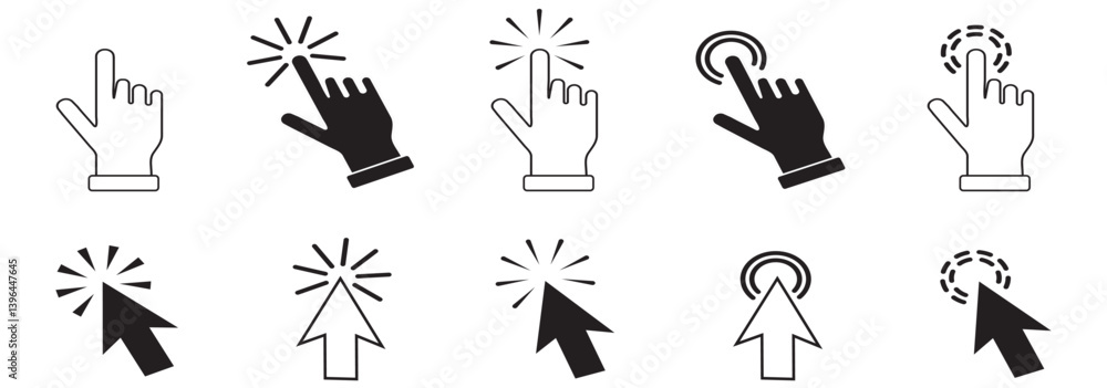Poster computer mouse click cursor icon set. hand and arrow pointer cursor stock vector. eps 10.