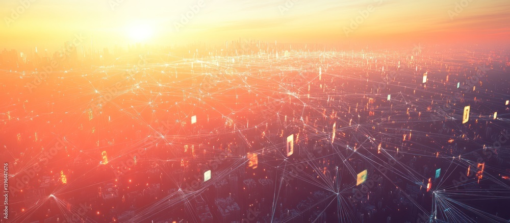 Poster interconnected network visualization with data nodes and luminous cityscape