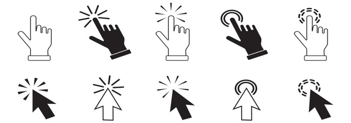 Computer mouse click cursor icon set. Hand and arrow pointer cursor stock vector. Eps 10.