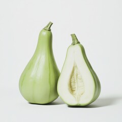 Depiction of a whole and cut bottle gourd against a plain backdrop on transparent background