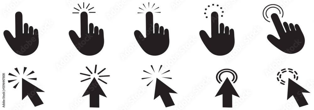 Poster computer mouse click cursor icon set. hand and arrow pointer cursor stock vector. eps 10.