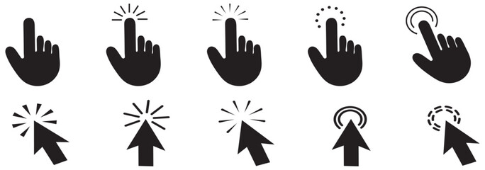 Computer mouse click cursor icon set. Hand and arrow pointer cursor stock vector. Eps 10.