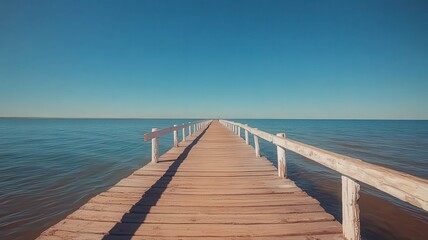 Calm Blue Sea and Wooden Pier on Sunny Day