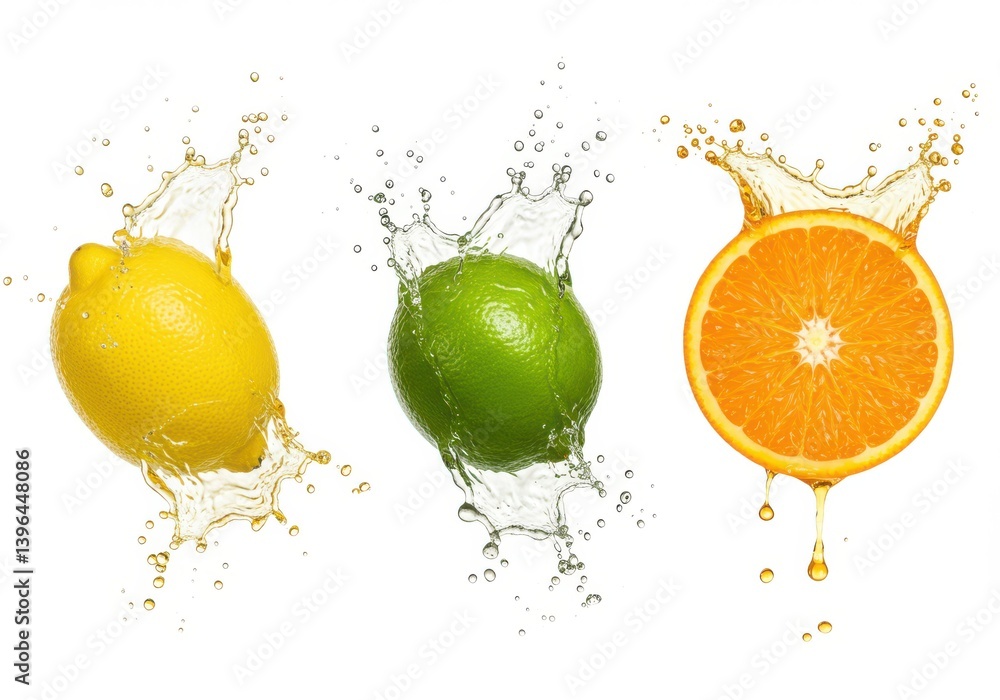 Poster lemon lime and orange slice with splashing water isolated on white background studio shot close up v