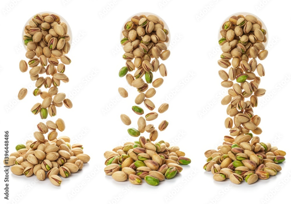 Poster three piles of pistachios falling from a container on a white background in a studio shot