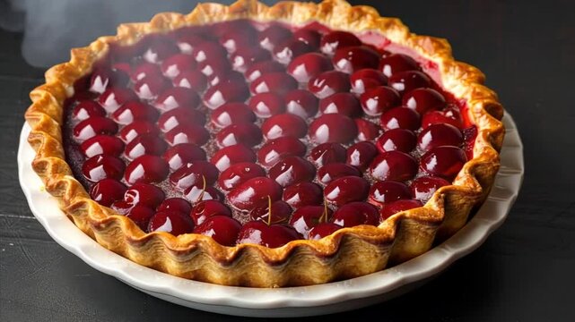 Open cherry pie isolated on black background. Traditional homemade bakery