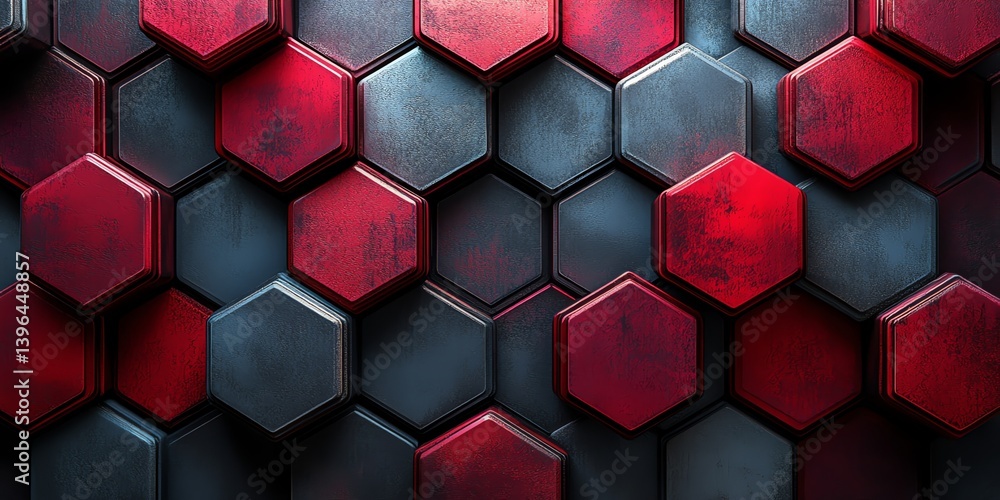 Poster hexagon tile background with red and gray grunge texture pattern design