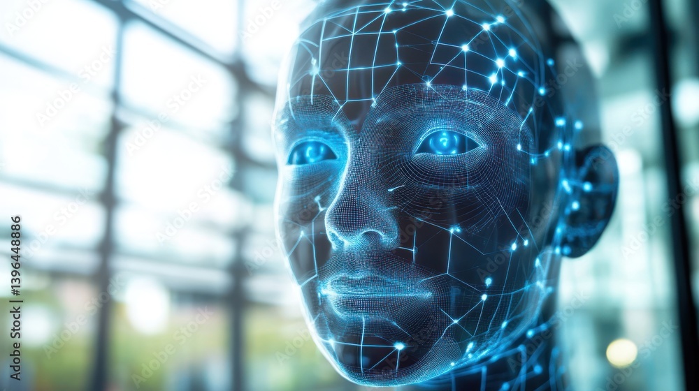 Aufkleber artificial intelligence face with luminous neural network technology concept