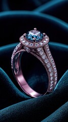 Intricate ring with blue gem atop velvet
