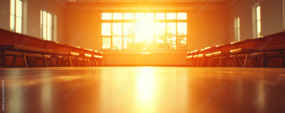 Poster a large room with a lot of chairs and a window. the sun is shining through the window, creating a wa