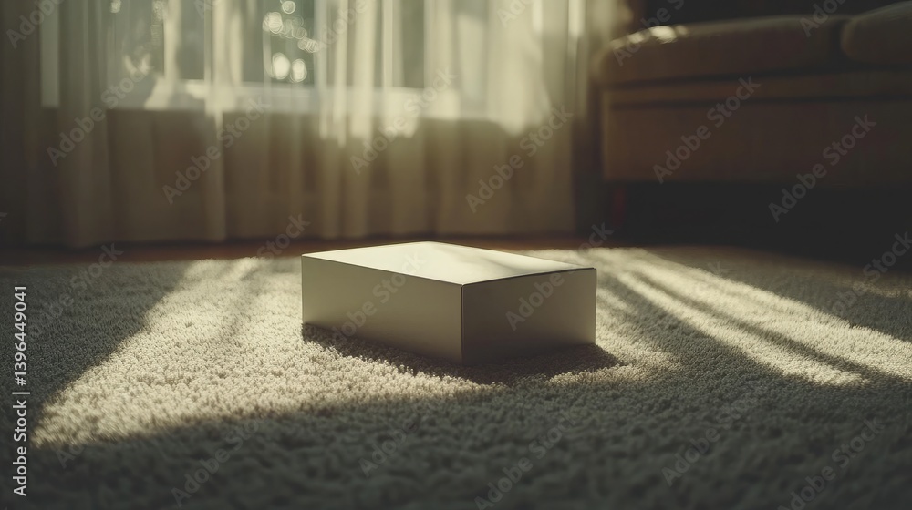 Poster white soft carpet scene with rectangular box framed by shadows and soft sunlight, offering a peacefu