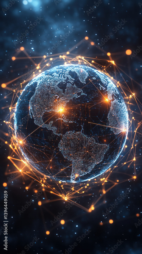 Poster a glowing planet with a network of lines surrounding it. the planet is surrounded by a network of li