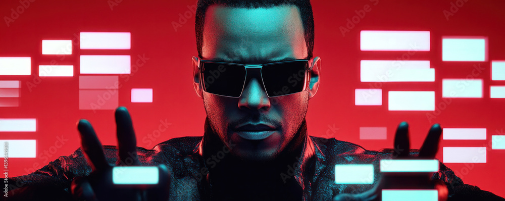 Poster a man in sunglasses is playing a video game. the image is in a red and white color scheme