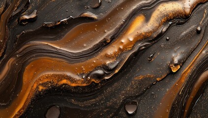 Abstract fluid art, swirling dark brown and gold