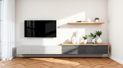 Fototapeta premium A modern living room entertainment center with a television, shelves, and decorative accents.