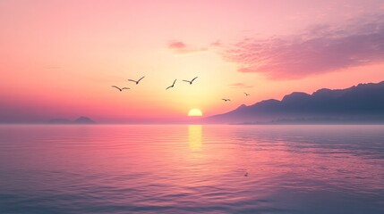 3.A serene seascape bathed in the warm light of dawn, the calm ocean reflecting the fiery colors of the rising sun, with scattered birds gliding through the sky and faint mountain silhouettes on the