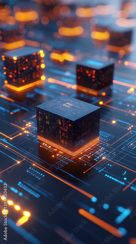 Poster a computer chip is shown in a bright orange and blue color scheme. the image is a representation of 