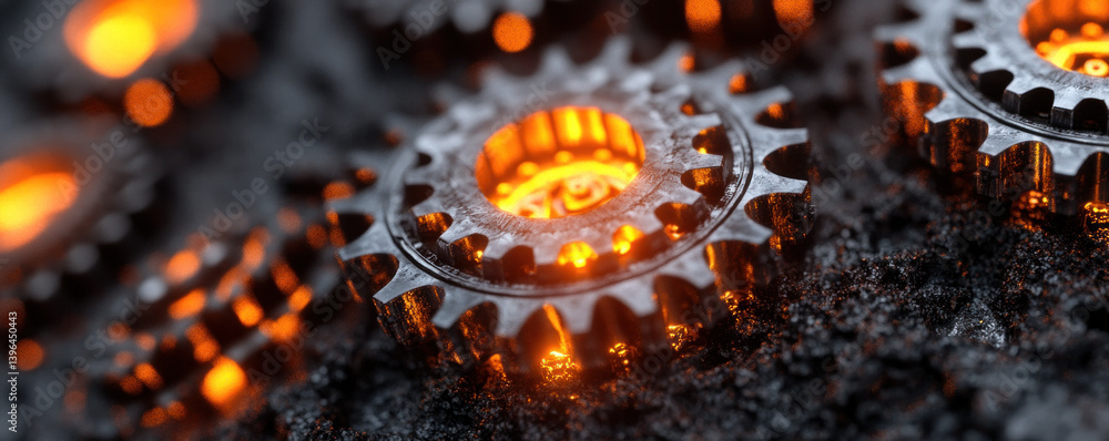 Poster a close up of a bunch of gears with a yellow glow. the gears are all different sizes and are arrange