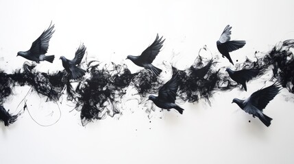 9.An artistic depiction of pigeons soaring together in unison, silhouetted against a plain white background, with crisp details emphasizing their wings, feathers, and the dynamic movement of the