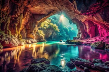 Colorful Cave with Underground River