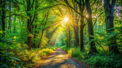 Obraz premium Sunlit Path Through Lush Green Forest